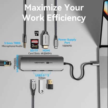 Vention Docking USB C TQLHB 1x HDMI 4K 3x USB 1x USB C PD 1x RJ45 1x Jack 3.5mm Lector Tarjetas Gris